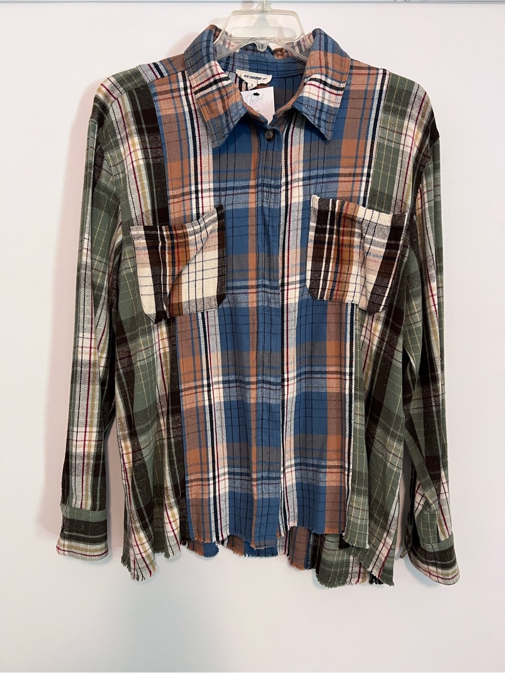 Ee:some Plaid Fall Themed Fringe Oversized Button Up Size Small - NEW